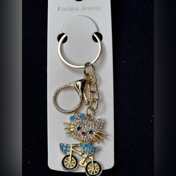 Mint BAG CHARM Sparkly Cat on Bicycle Keychain/Purse Charm Blue - Picture 1 of 11